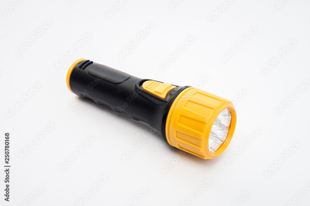 Yellow modern Led flsahlight Isolate on white background, LED light electricity emergency. Yellow modern Led flsahlight Isolate on white background, LED light electricity emergency.