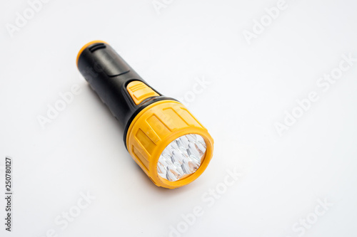 Yellow modern Led flsahlight Isolate on white background, LED light electricity emergency. 