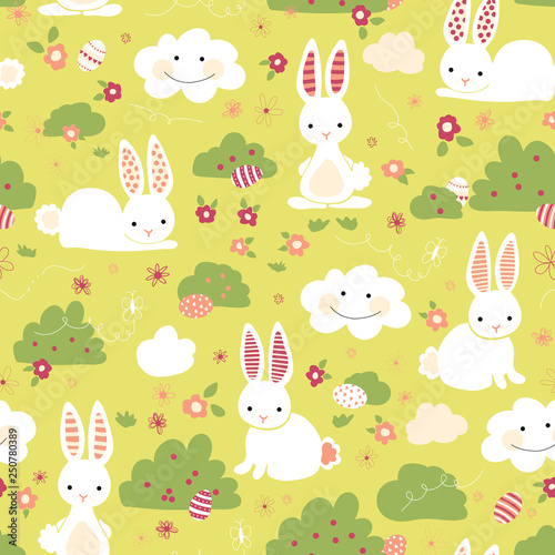 Easter bunny seamless vector pattern. Cute bunnies, Easter eggs, flowers, clouds on green background. Cartoon style rabbits hiding eggs. For gift wrap, digital paper, kids fabric, web banner, spring.