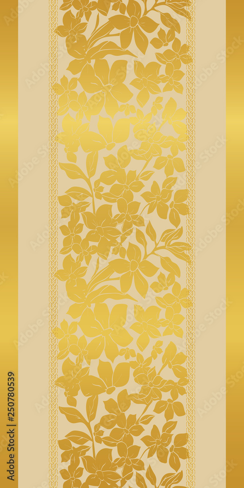Stylized abstract golden metallic poppies and tulips with floating lilies  and leaves on cream background. Elegant, stylish vertical seamless repeat  pattern is perfect for gift, cards, wallpaper, Stock Vector | Adobe Stock