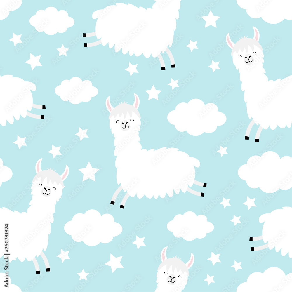 Seamless Pattern. Alpaca llama jumping. Cloud star in the sky. Cute cartoon kawaii funny smiling baby character. Wrapping paper, textile template. Nursery decoration. Blue background. Flat design Seamless Pattern. Alpaca llama jumping. Cloud star in the sky. Cute cartoon kawaii funny smiling baby character. Wrapping paper, textile template. Nursery decoration. Blue background. Flat design