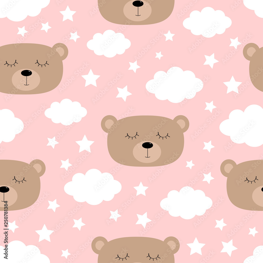 Seamless Pattern. Sleeping bear face. Cloud in the sky. Cute cartoon kawaii funny baby character. Wrapping paper, textile template. Nursery decoration. Pink background. Flat design