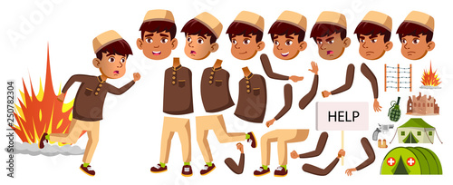 Arab, Muslim Boy Schoolboy Kid Vector. Animation Creation Set. For Banner, Flyer, Brochure Design. Face Emotions, Gestures. Refugee, Military Conflict, War. Animated Illustration