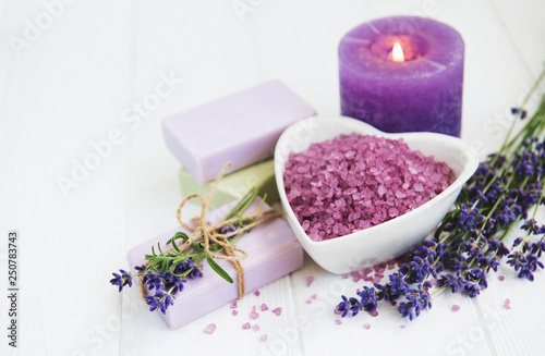 Heart-shaped bowl with sea salt  soap and fresh lavender flowers