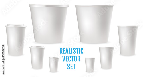 White plastic cups for food, cold and hot drinks.