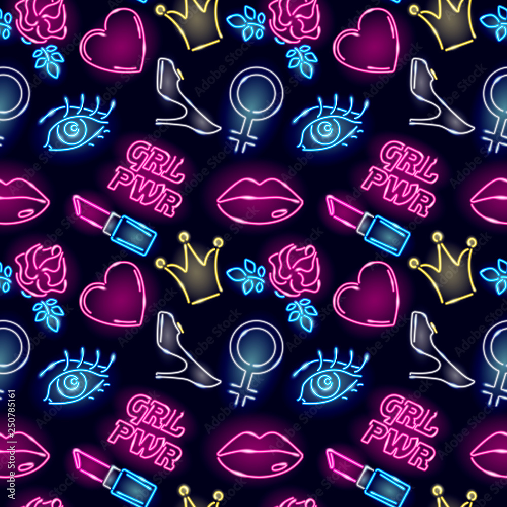 Seamless pattern with neon girly icons. Girl power or feminist concept. Vector 10 EPS illustration.
