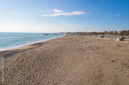 Pollution on the beach of tropical sea. Plastic garbage  foam  wood and dirty waste