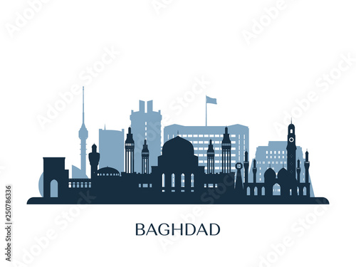 Baghdad skyline, monochrome silhouette. Vector illustration.