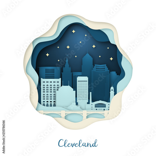 Paper art illustration of Cleveland. Origami concept. Night city with stars. Vector illustration.