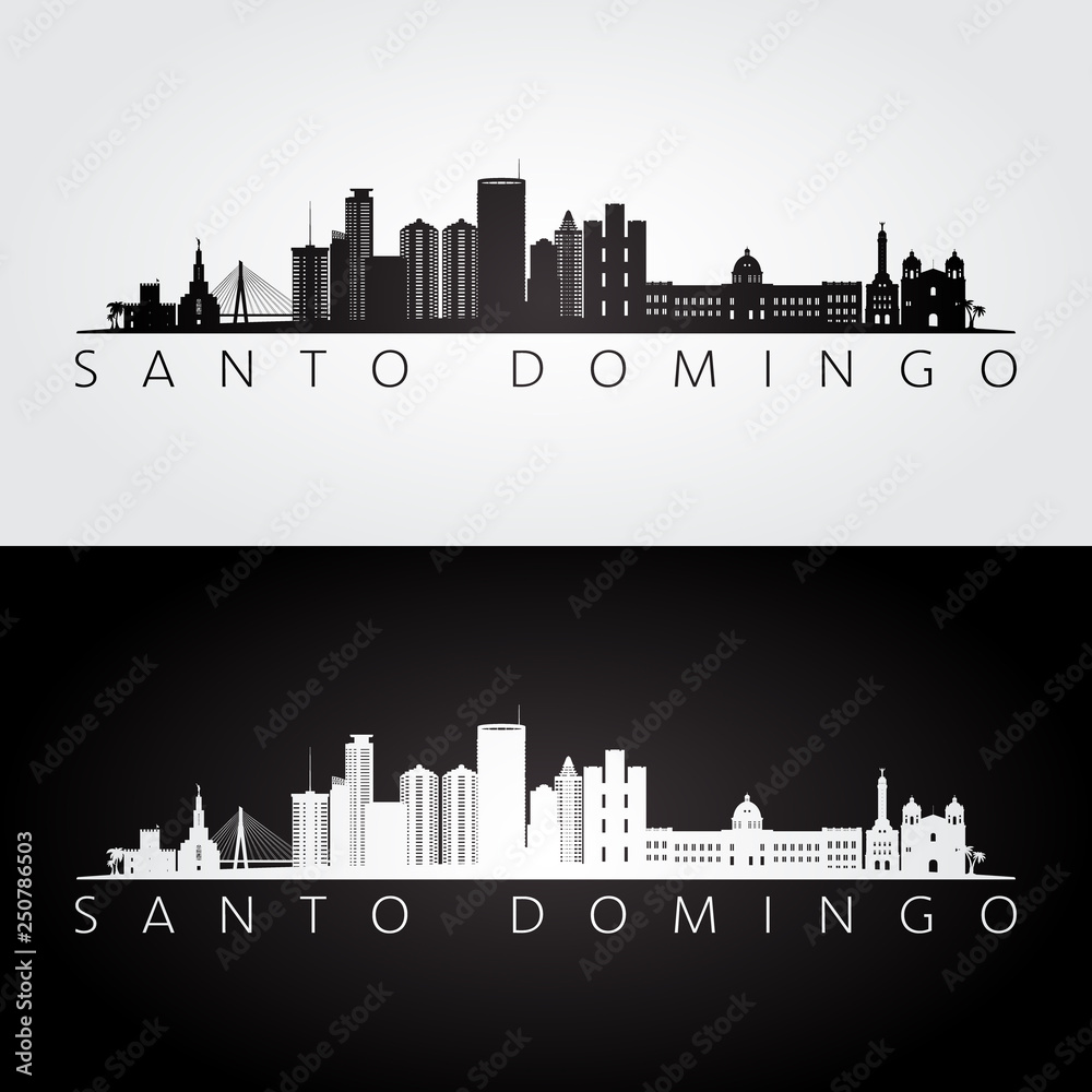 Santo Domingo skyline and landmarks silhouette, black and white design, vector illustration.