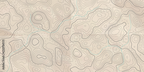 Topographic line map with river. Abstract horizontal banner. Aged paper effect.