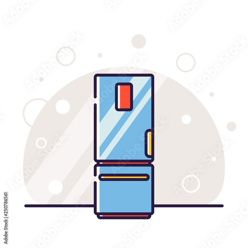 Kitchen electric appliances for cooking. The process of cooling food in the refrigerator. Fresh food. Vector flat illustration in linear style.
