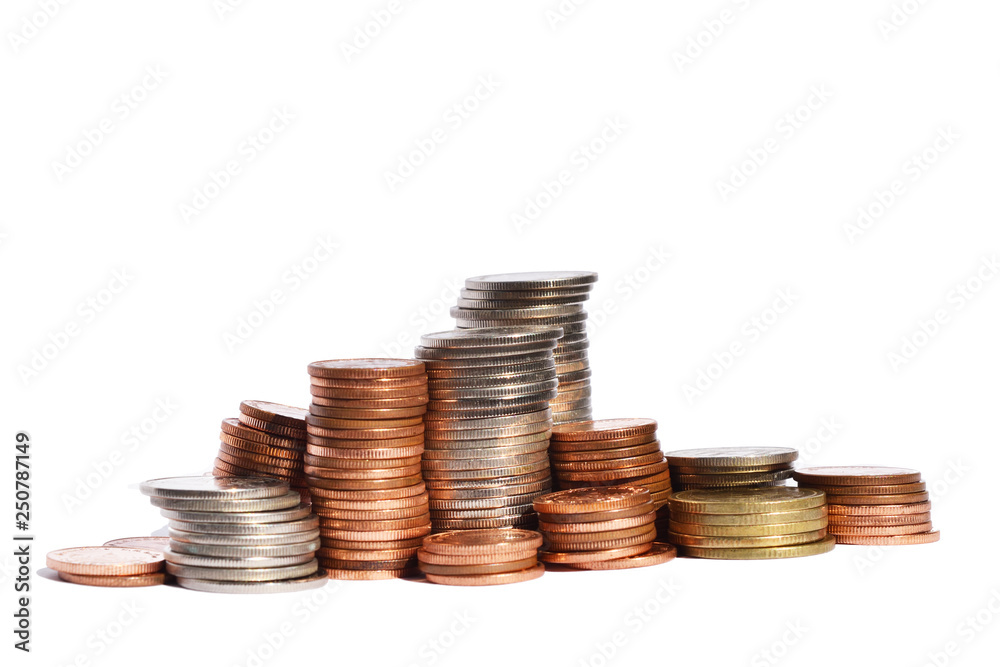 Many stacks of coins in various sizes and valued isolated on white background, Financial and commit business concept Many stacks of coins in various sizes and valued isolated on white background, Financial and commit business concept