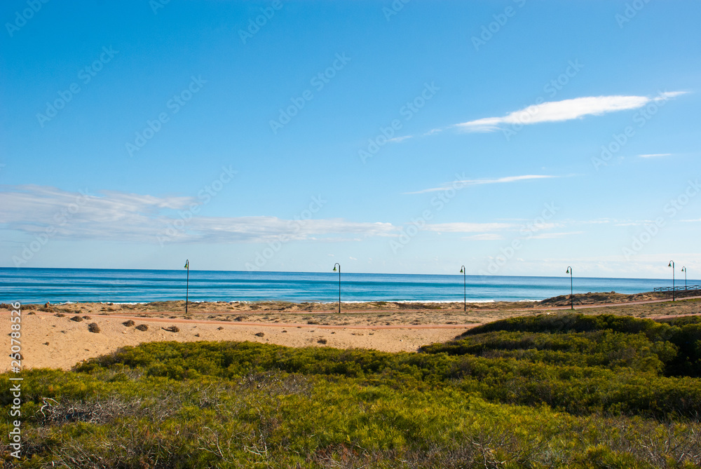 Mediterranean coast. Landscape with desert, sea and sky in Spain.