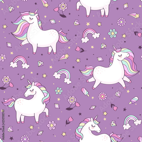 Seamless vector pattern with cute unicorns, stars, rainbows, crystals and flowers. Magical unicorn background
