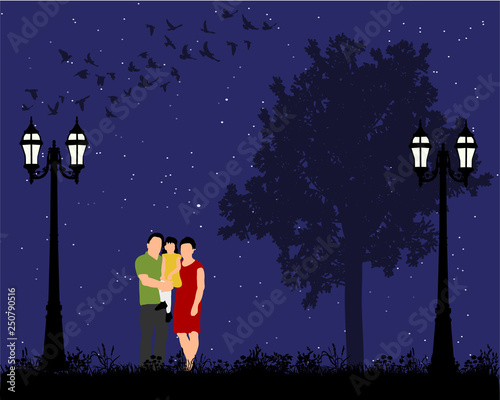  isolated, family with children walks in the park, flat style, evening