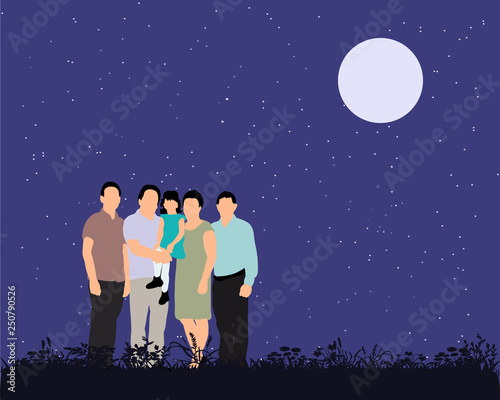  isolated, family with children walks in the park, flat style, evening