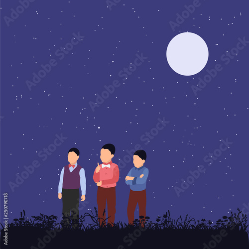 vector, isolated, children walk in the park, flat style, evening