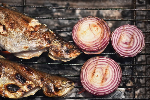 Trout and red onion fried photo