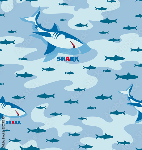 Shark and flocks of fishes. Seamless patterns. Design for textiles, thematic site background, diving club and spearfishing.	