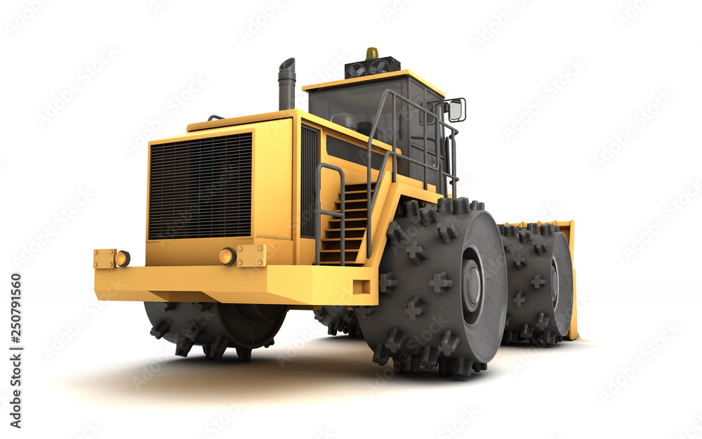 Fototapeta premium Powerful massive yellow hydraulic earth mover with thorns on wheels isolated on white. 3D illustration. Perspective. Rear side view. Right side. Low angle. Left to right direction.