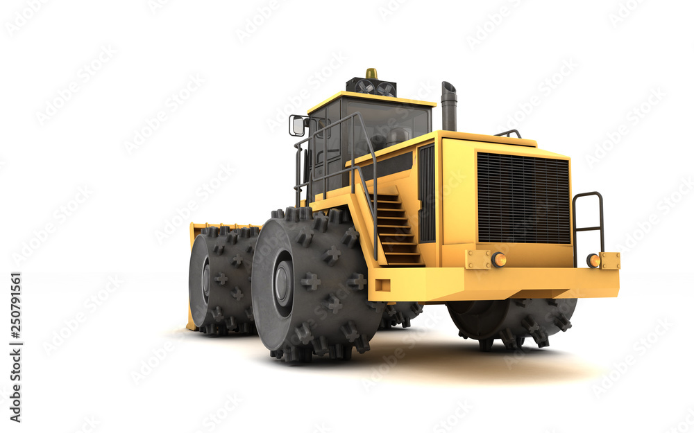 Powerful massive yellow hydraulic earth mover with thorns on wheels isolated on white. 3D illustration. Perspective. Rear side view. Low angle. Left side. Right to left direction.