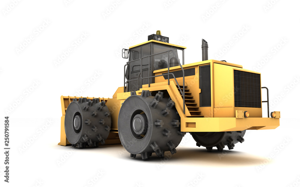 Powerful massive yellow hydraulic earth mover with thorns on wheels isolated on white. 3D illustration. Perspective. Rear side view. Low angle. Left side. Right to left direction.