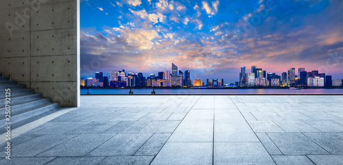Empty square floor and beautiful city night view in Hangzhou