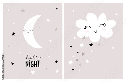 Cute Nursery Vector Art Set. White Smiling Moon and Fluffy Cloud on a Pink Gray Background. Hello Night Wall Art. Lovely Infantile Style Poster for Kids. Abstract Sky With Stars, Moon and Cloud.