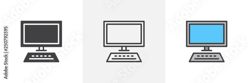 Desktop computer icon. Line, glyph and filled outline colorful version, PC Computer monitor and keyboard outline and filled vector sign. Symbol, logo illustration. Different style icons set. 