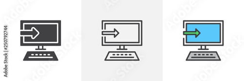 Software install icon. Line, glyph and filled outline colorful version, desktop computer monitor with arrow outline and filled vector sign. Symbol, logo illustration. Different style icons set.