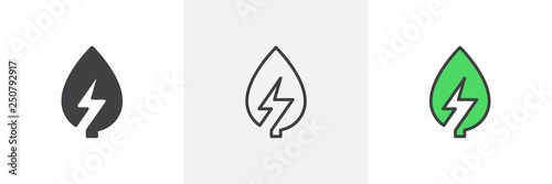 Green energy icon. Line, glyph and filled outline colorful version, Leaf with lightning bolt outline and filled vector sign. Symbol, logo illustration. Different style icons set. Vector graphics