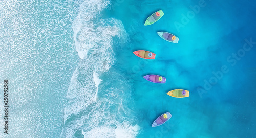 Boats from air. Aerial view on sea in Turkey. Summer seascape with clear wate...