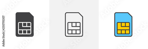 Sim card icon. Line, glyph and filled outline colorful version, mobile telephone card outline and filled vector sign. Communications symbol logo illustration. Different style icons set. Pixel perfect