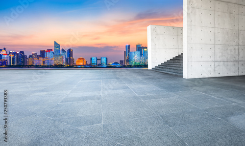 Empty square floor and beautiful city night view in Hangzhou