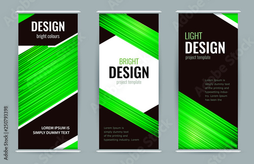 Bright Roll-up banner with green lines on black background. Set vertical banners with empty place for text. Design Abstract vector graphic background.