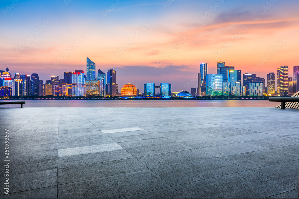 Empty square floor and beautiful city night view in Hangzhou