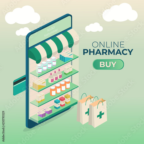 Online pharmacy conceptual composition with isometric images of smartphone and various pharmaceutical drugs on screen top vector illustration