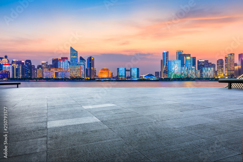 Fototapeta Naklejka Na Ścianę i Meble -  Empty square floor and beautiful city night view in Hangzhou