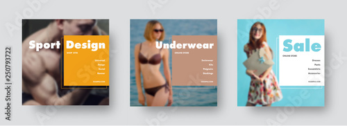 Design of square banners for social networks with photo on the background and rectangles and stroke for headlines and text.