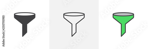 Funnel icon. Line, glyph and filled outline colorful version, funnel outline and filled vector sign. Sort, filter symbol, logo illustration. Different style icons set. Pixel perfect vector graphics