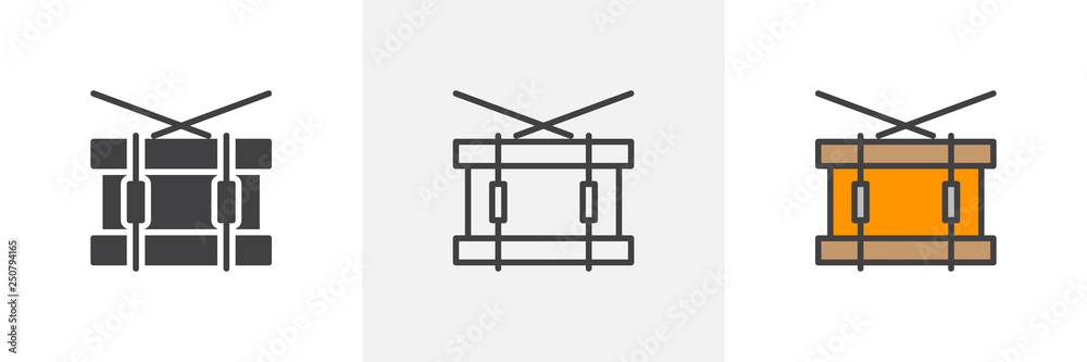 Snare drum icon. Line, glyph and filled outline colorful version, Drum and drum sticks outline and filled vector sign. Symbol, logo illustration. Different style icons set. Pixel perfect vector Snare drum icon. Line, glyph and filled outline colorful version, Drum and drum sticks outline and filled vector sign. Symbol, logo illustration. Different style icons set. Pixel perfect vector