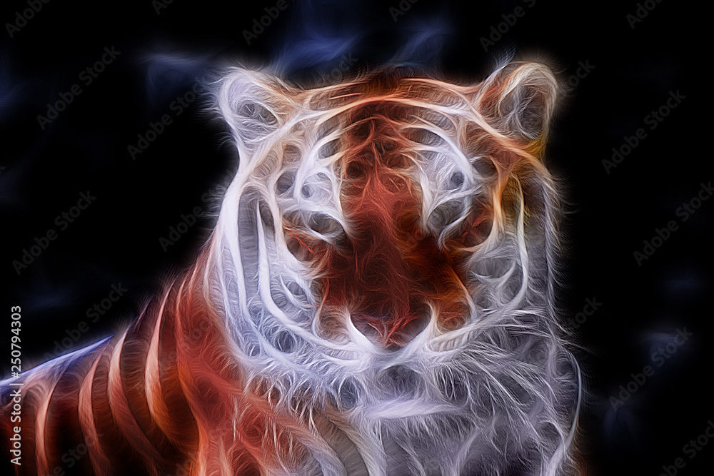 Fractal color portrait of a wild tiger on a contrasting black background