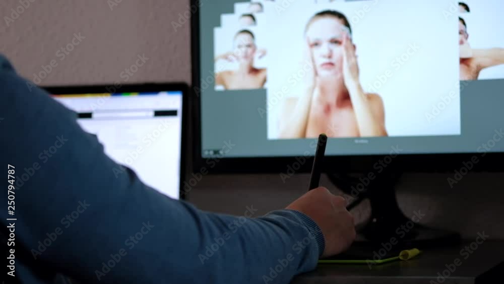 Time-lapse of male photographer retouching photo of a young girl