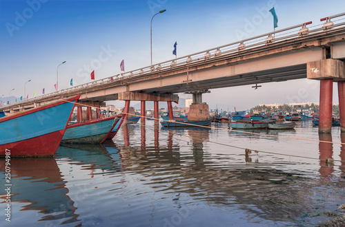 Vietnam  Nha Trang. May 3  2015 Fishing village and bridge over the river Kai in the early morning