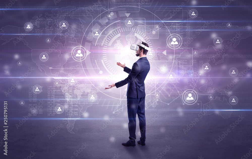 Manager with vr headset and social network research concept
Manager with vr headset and social network research concept