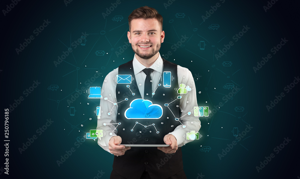 Chalk drawn cloud technology symbols on a tabled handled by businessman
Chalk drawn cloud technology symbols on a tabled handled by businessman