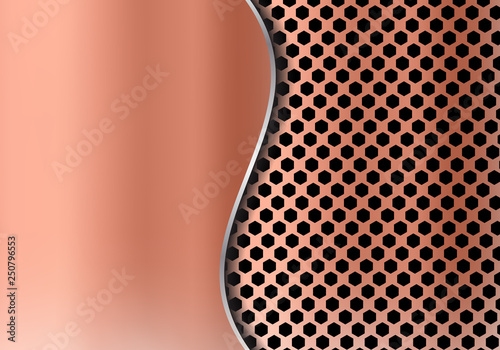 Abstract copper metal background made from hexagon pattern texture with curve sheet iron. Geometric grille black and red.
