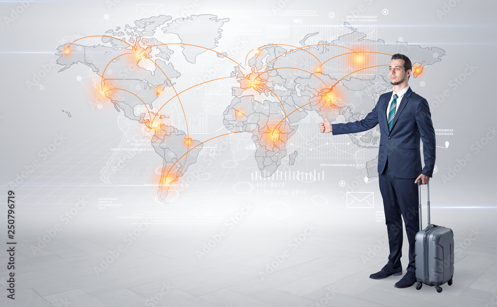 Businessman in dark suit hitchhike to business trip in a front of a map with destination Businessman in dark suit hitchhike to business trip in a front of a map with destination