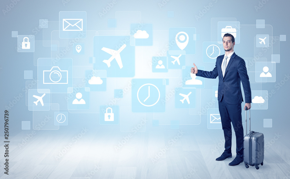 Businessman departs to a business trip with social media and travel symbol concept
Businessman departs to a business trip with social media and travel symbol concept